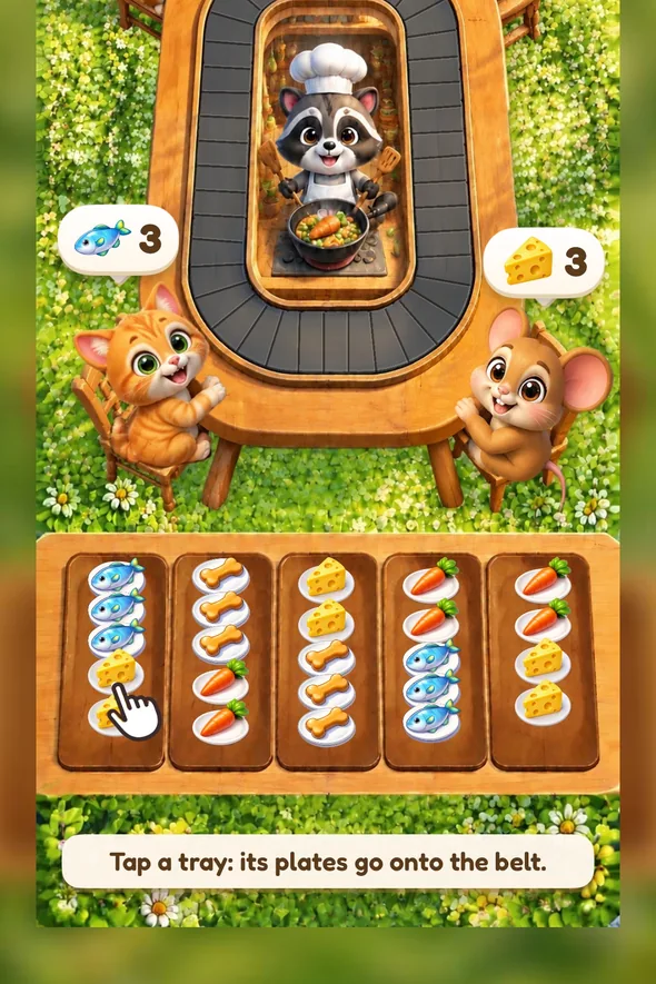 The trays under the table, with a finger tapping one and the tip: Tap a tray, its plates go onto the belt